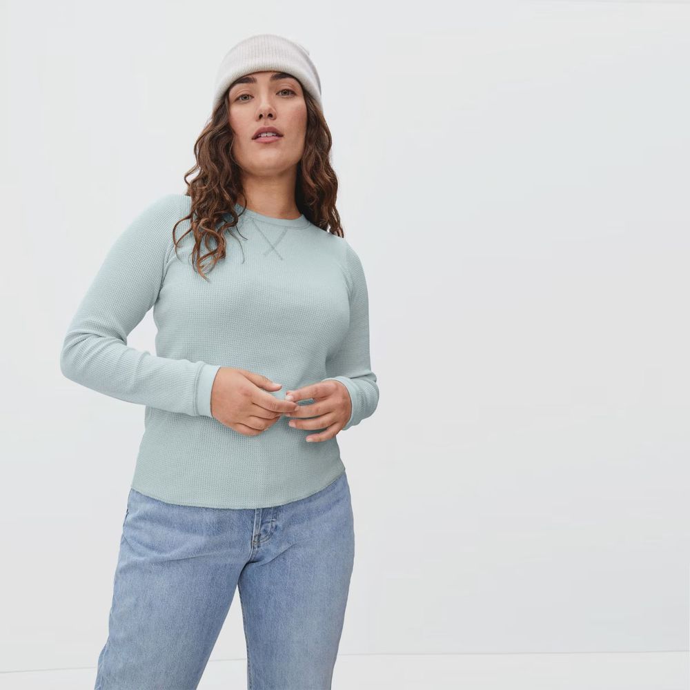 Everlane Organic Cotton Waffle Top XL Long Sleeve Ice Blue Thermal EUC B89